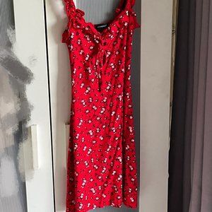 Red Floral Print Frill Detail Shift Dress